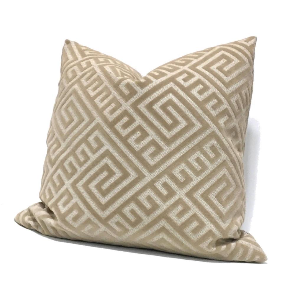 Designer Greek Key Tan Beige Flocked Velvet Pillow Cover by Aloriam