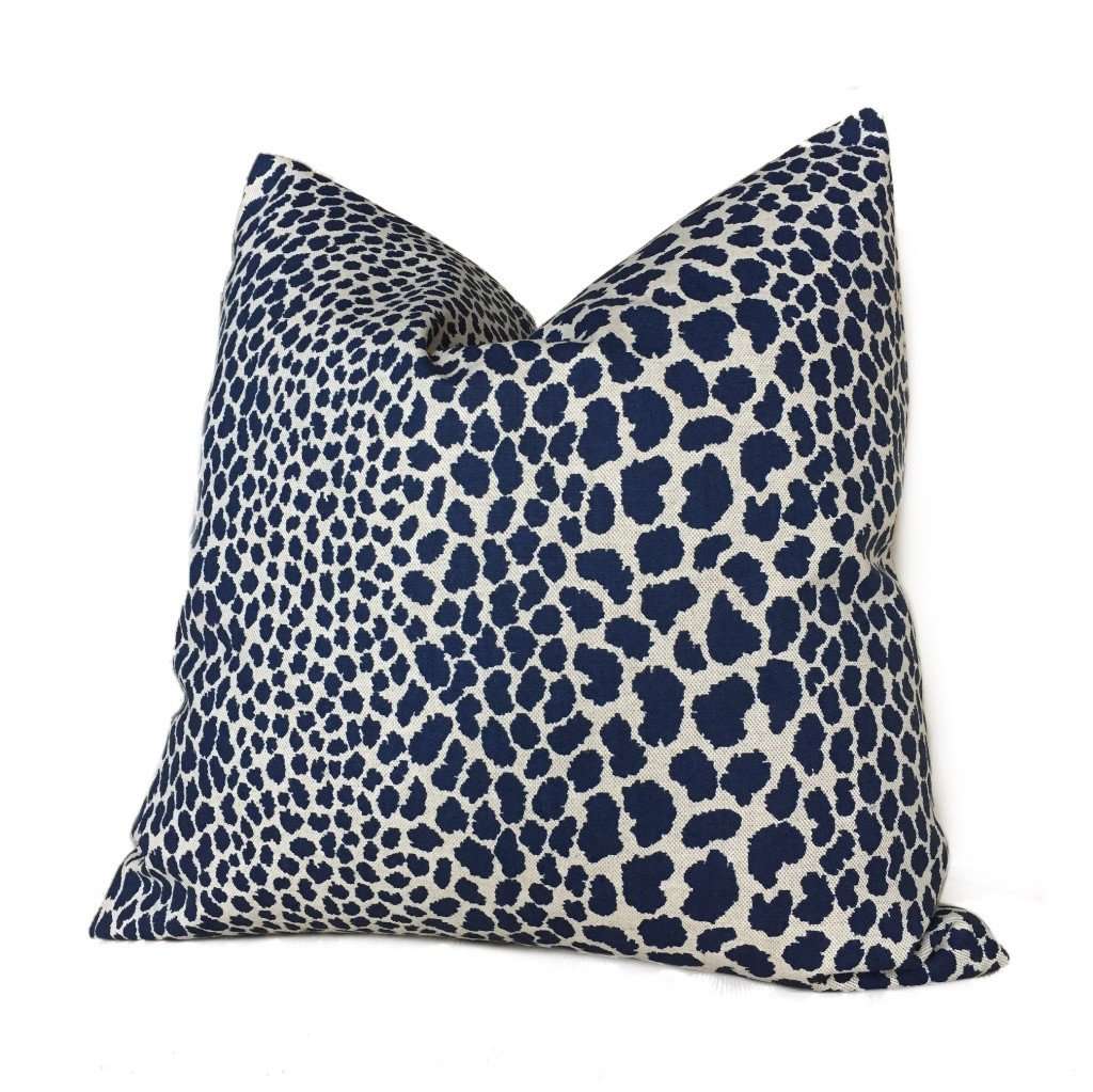 Designer Leopard Spots Navy Blue Beige Animal Print Pillow Cover by Aloriam