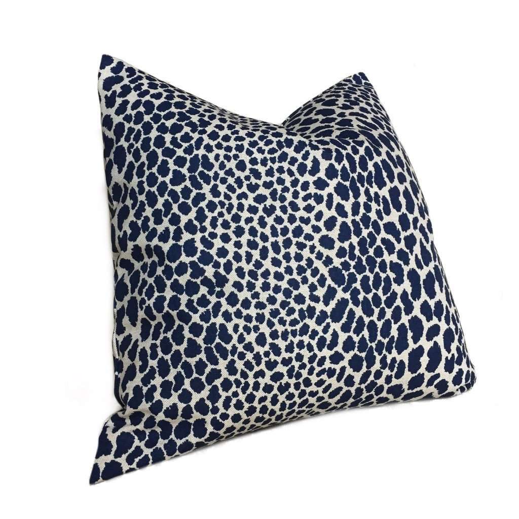 Designer Leopard Spots Navy Blue Beige Animal Print Pillow Cover by Aloriam