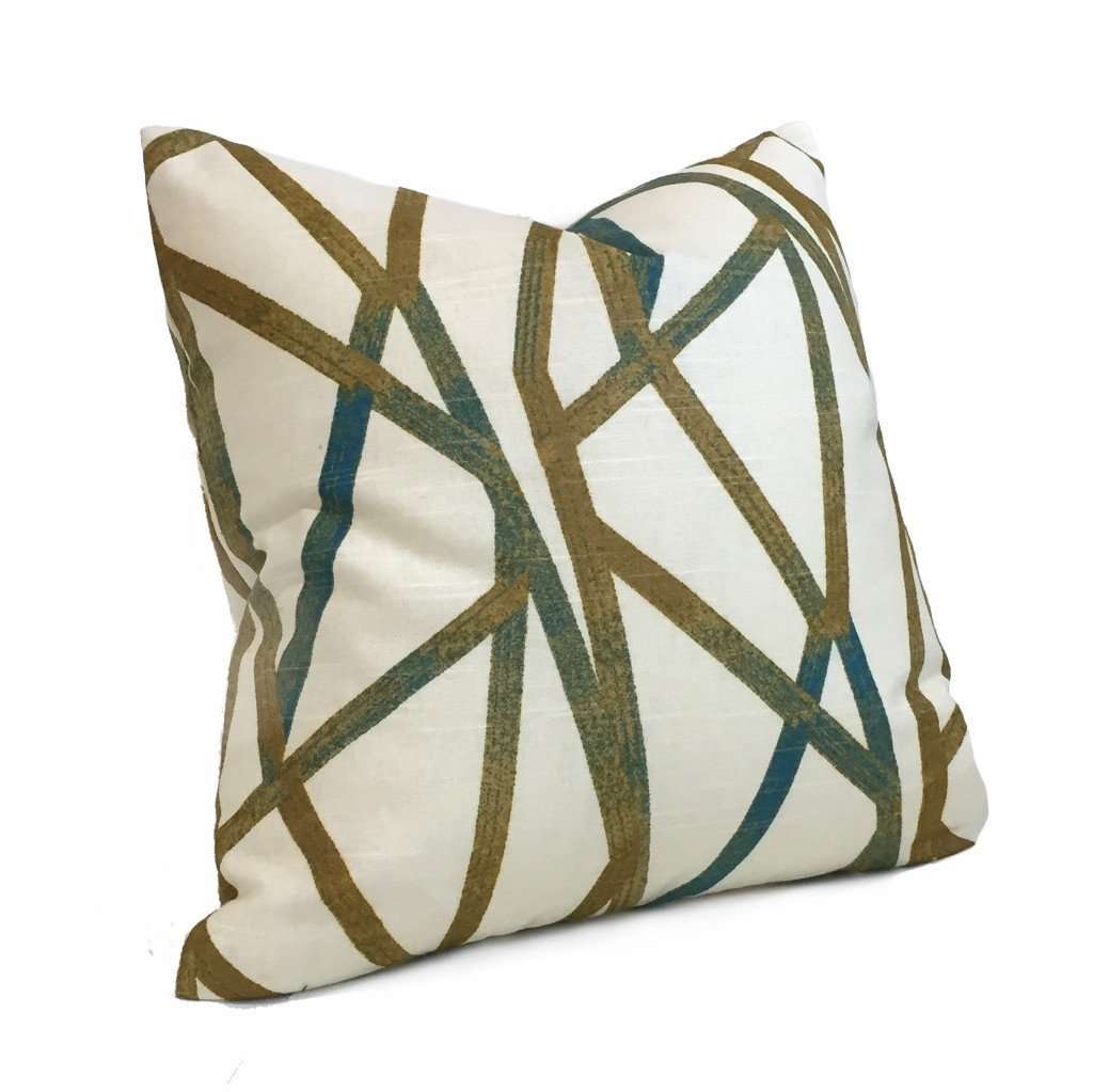 Designer Modern Abstract Lines Teal Cream Mustard Gold Cotton Print Pillow Cover by Aloriam