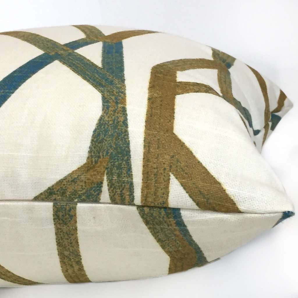 Designer Modern Abstract Lines Teal Cream Mustard Gold Cotton Print Pillow Cover by Aloriam