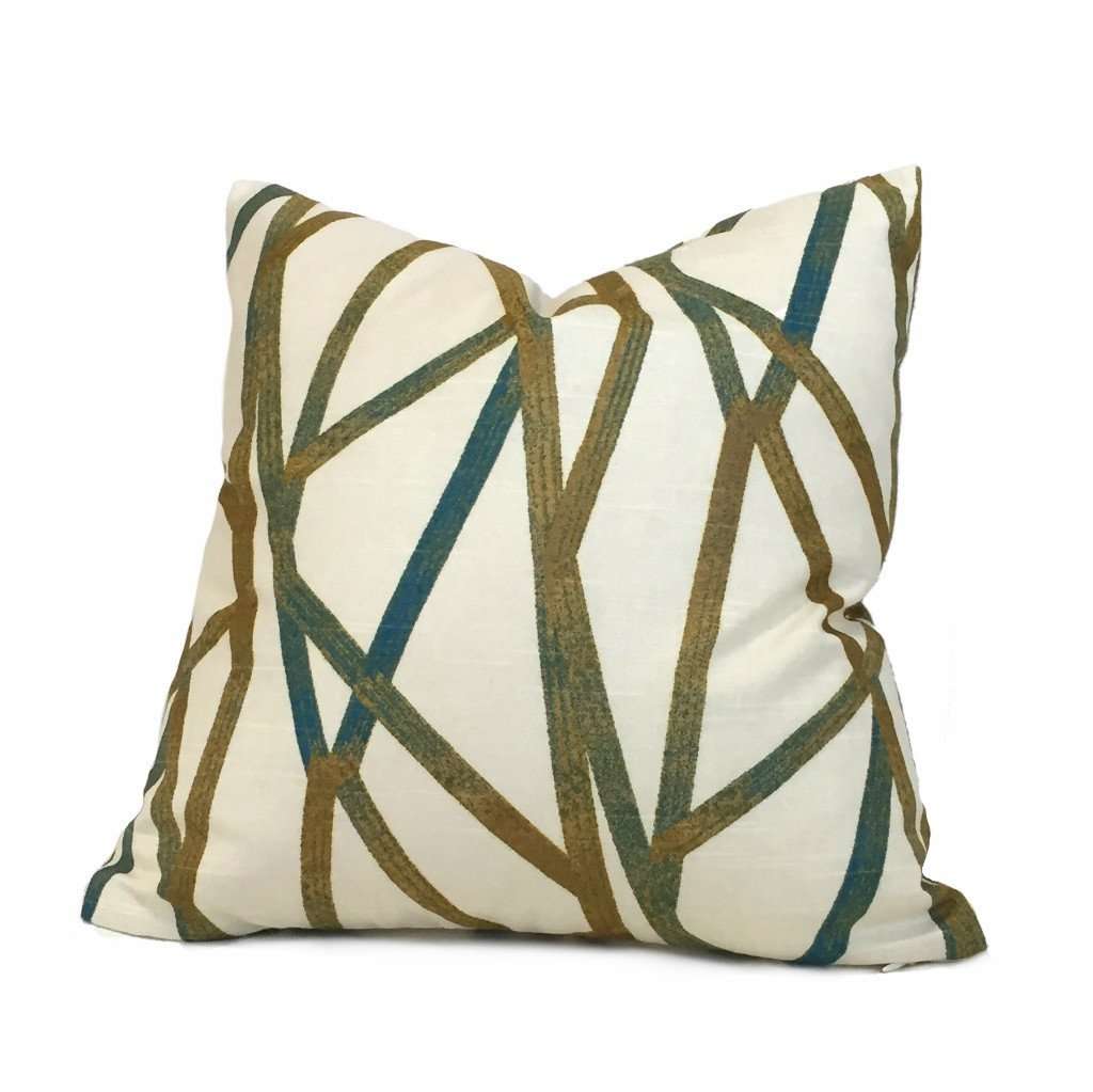 Designer Modern Abstract Lines Teal Cream Mustard Gold Cotton Print Pillow Cover by Aloriam