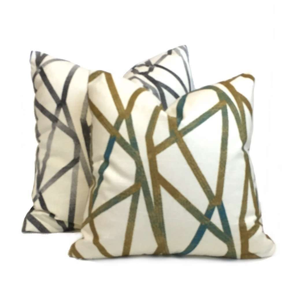 Designer Modern Abstract Lines Teal Cream Mustard Gold Cotton Print Pillow Cover by Aloriam