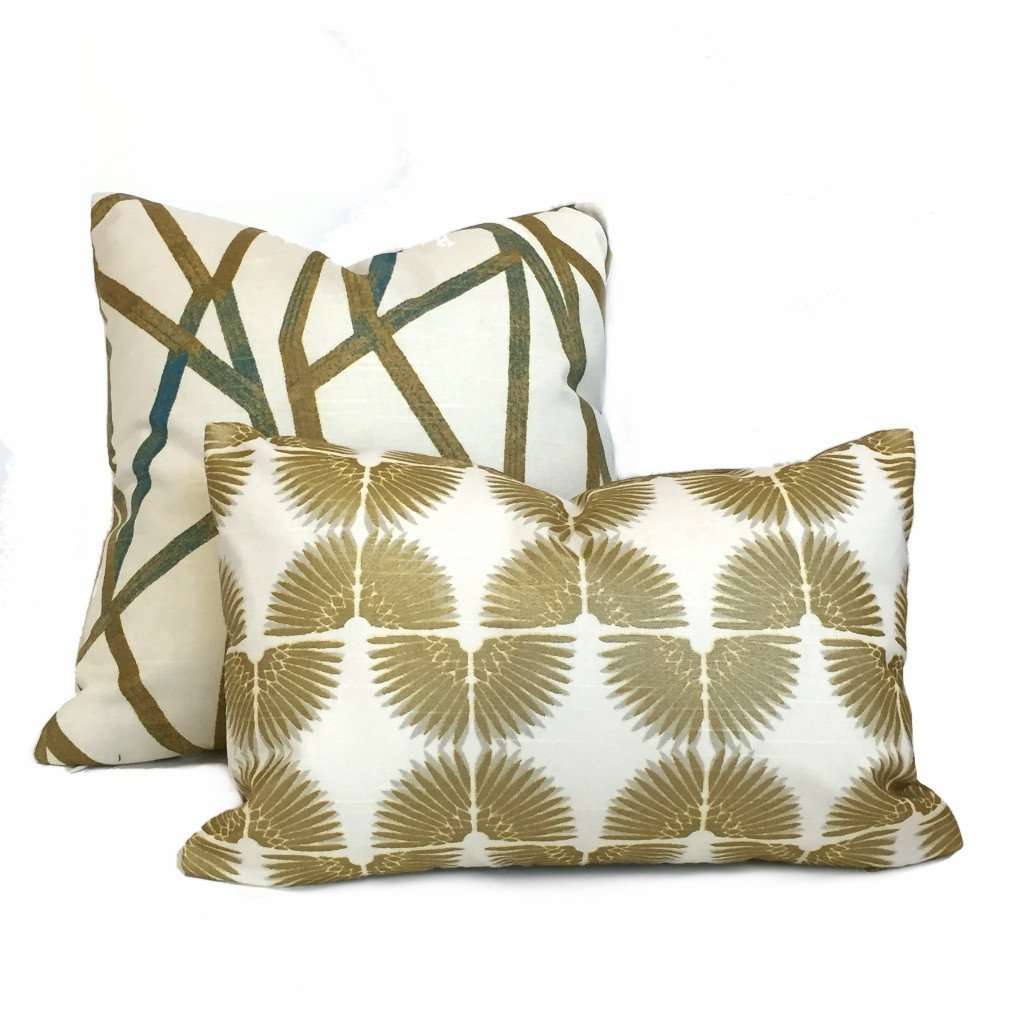 Designer Modern Abstract Lines Teal Cream Mustard Gold Cotton Print Pillow Cover by Aloriam