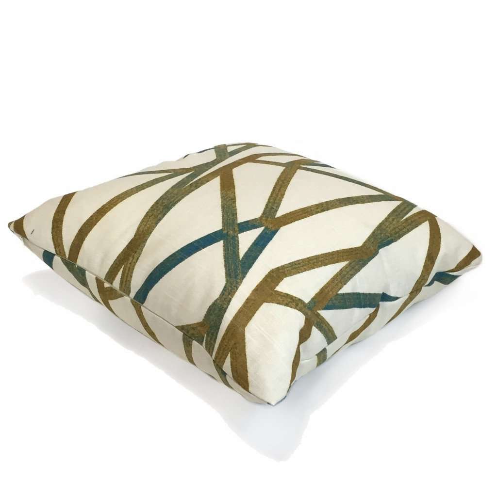 Designer Modern Abstract Lines Teal Cream Mustard Gold Cotton Print Pillow Cover by Aloriam