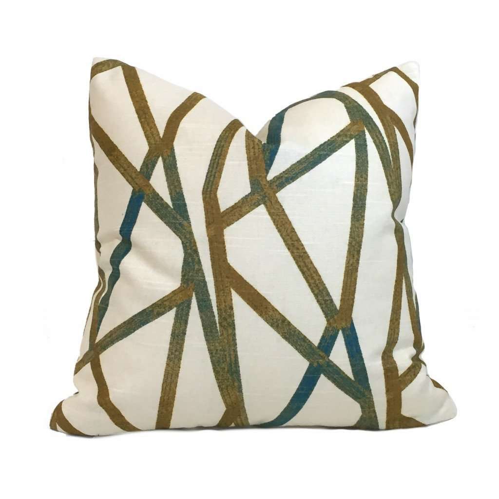 Designer Modern Abstract Lines Teal Cream Mustard Gold Cotton Print Pillow Cover by Aloriam