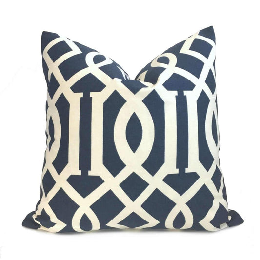 Designer Navy Blue Cream Trellis Lattice Cotton Print Pillow Cover by Aloriam