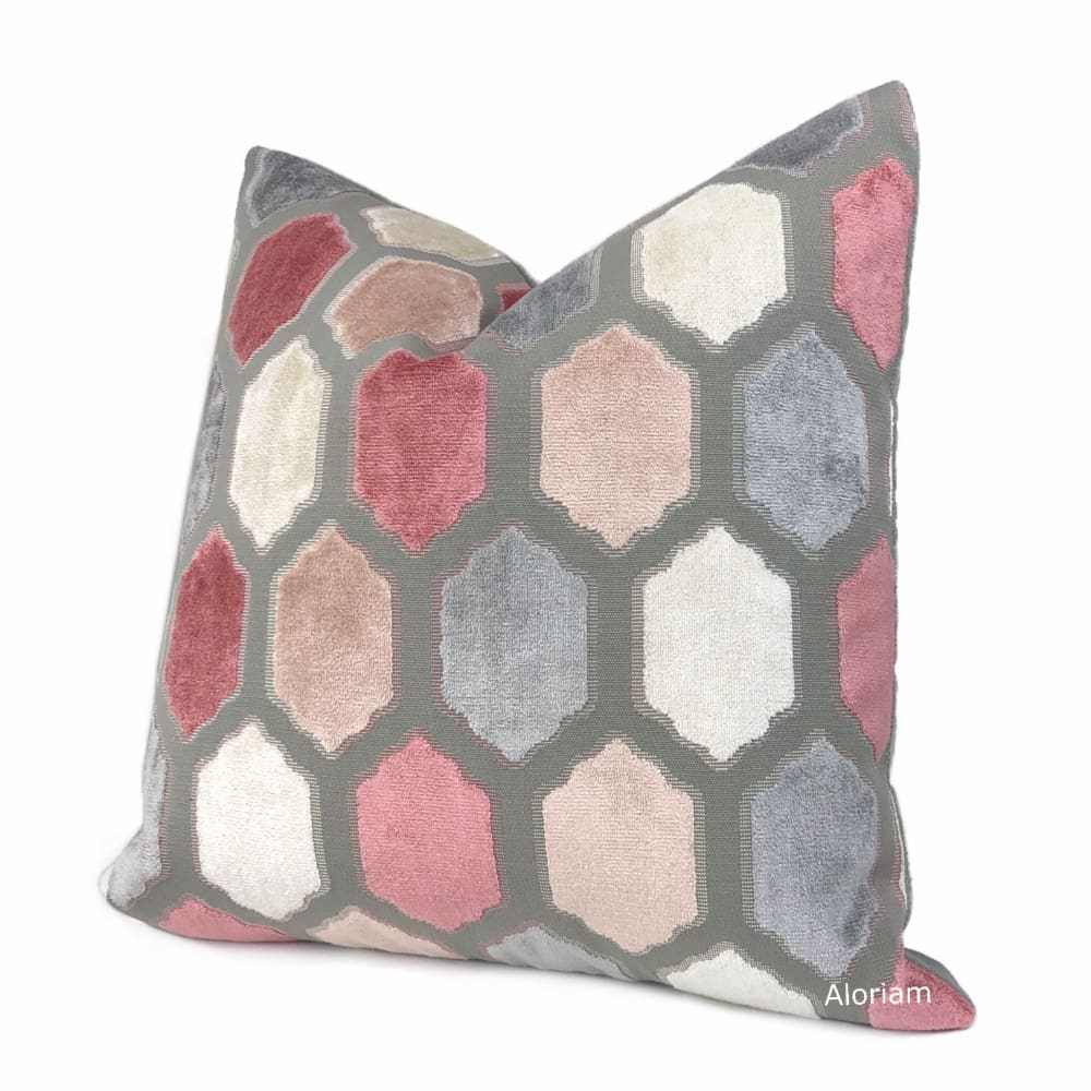 Dorsey Pink Gray Geometric Tile Velvet Pillow Cover - Aloriam