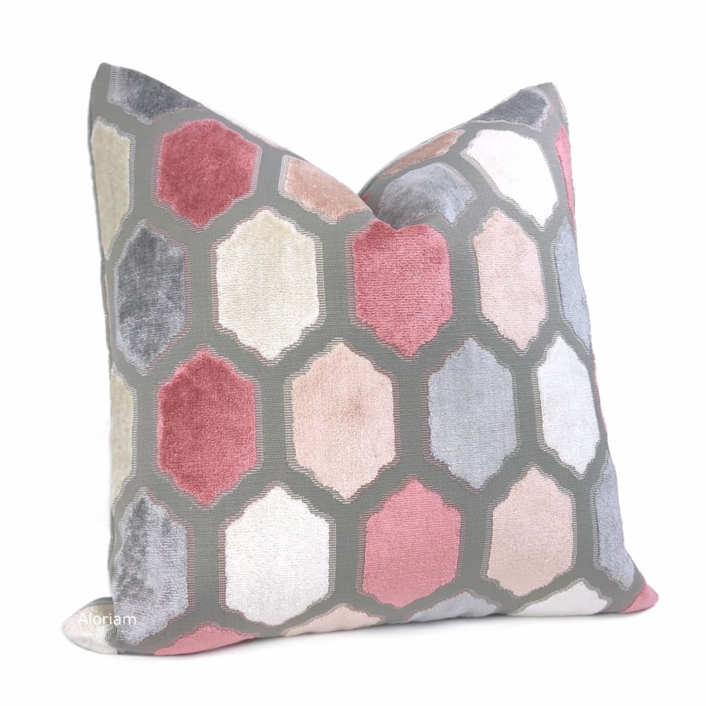 Dorsey Pink Gray Geometric Tile Velvet Pillow Cover - Aloriam