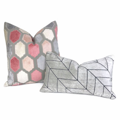 Dorsey Pink Gray Geometric Tile Velvet Pillow Cover - Aloriam