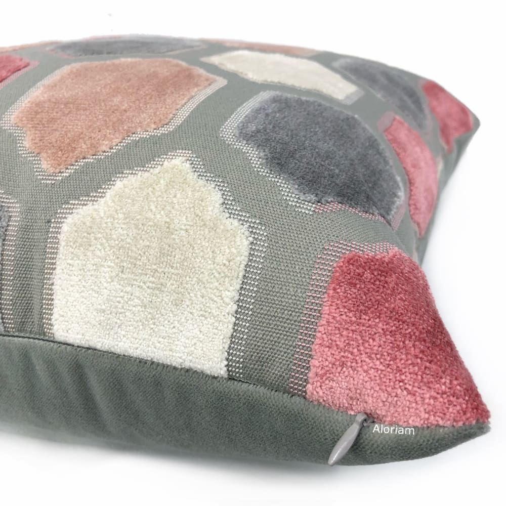 Dorsey Pink Gray Geometric Tile Velvet Pillow Cover - Aloriam