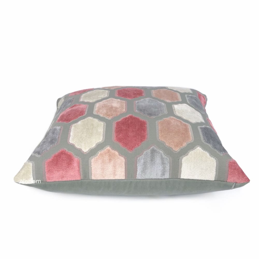 Dorsey Pink Gray Geometric Tile Velvet Pillow Cover - Aloriam