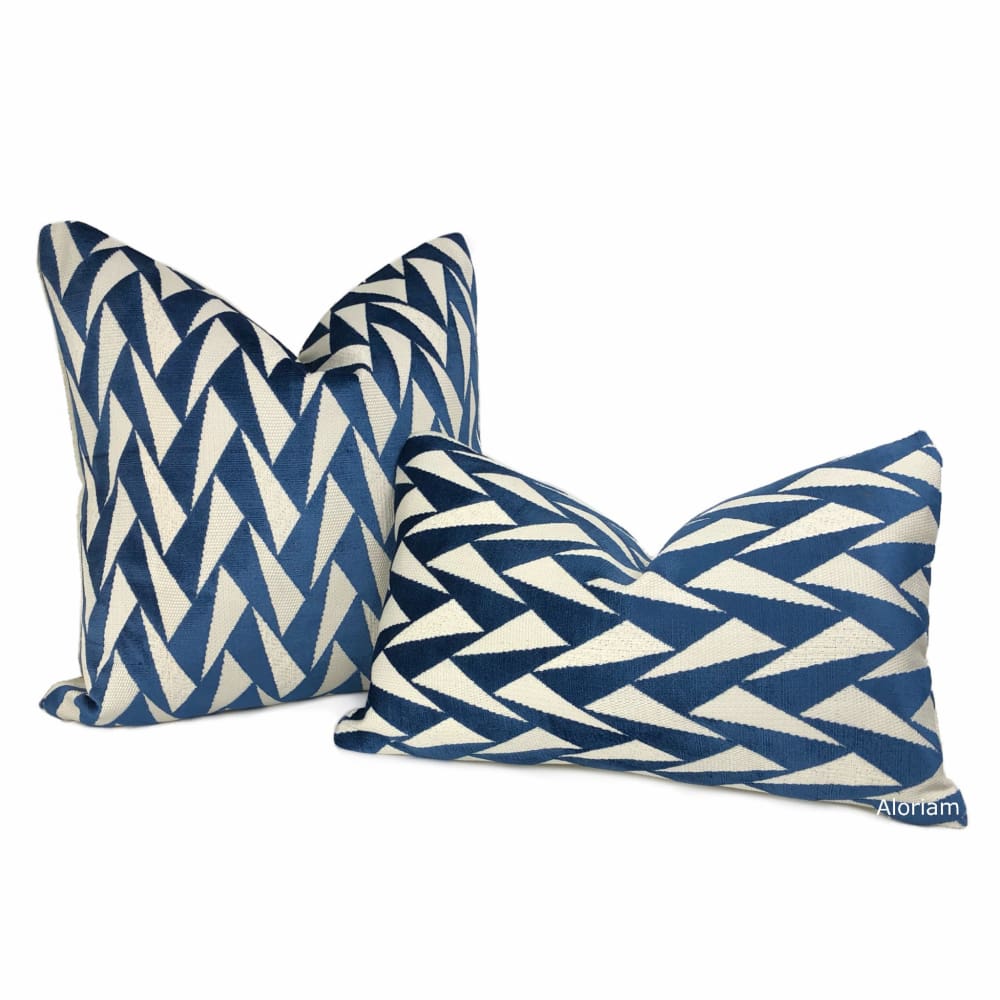 Easton Blue & Cream Triangles Velvet Pillow Cover - Aloriam