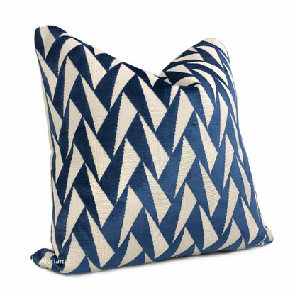 Easton Blue & Cream Triangles Velvet Pillow Cover - Aloriam