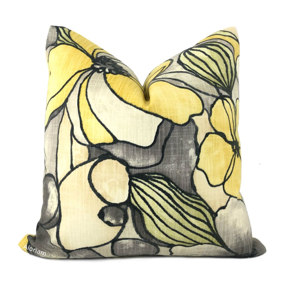 Eireann Modern Floral Yellow Gray Black Pillow Cover - Aloriam