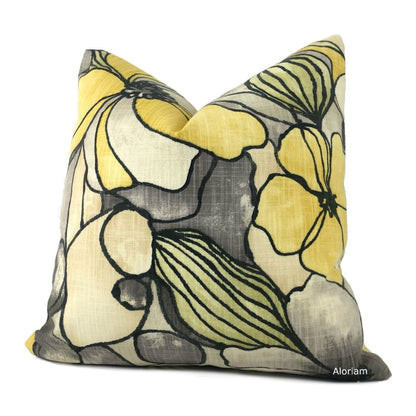 Eireann Modern Floral Yellow Gray Black Pillow Cover - Aloriam