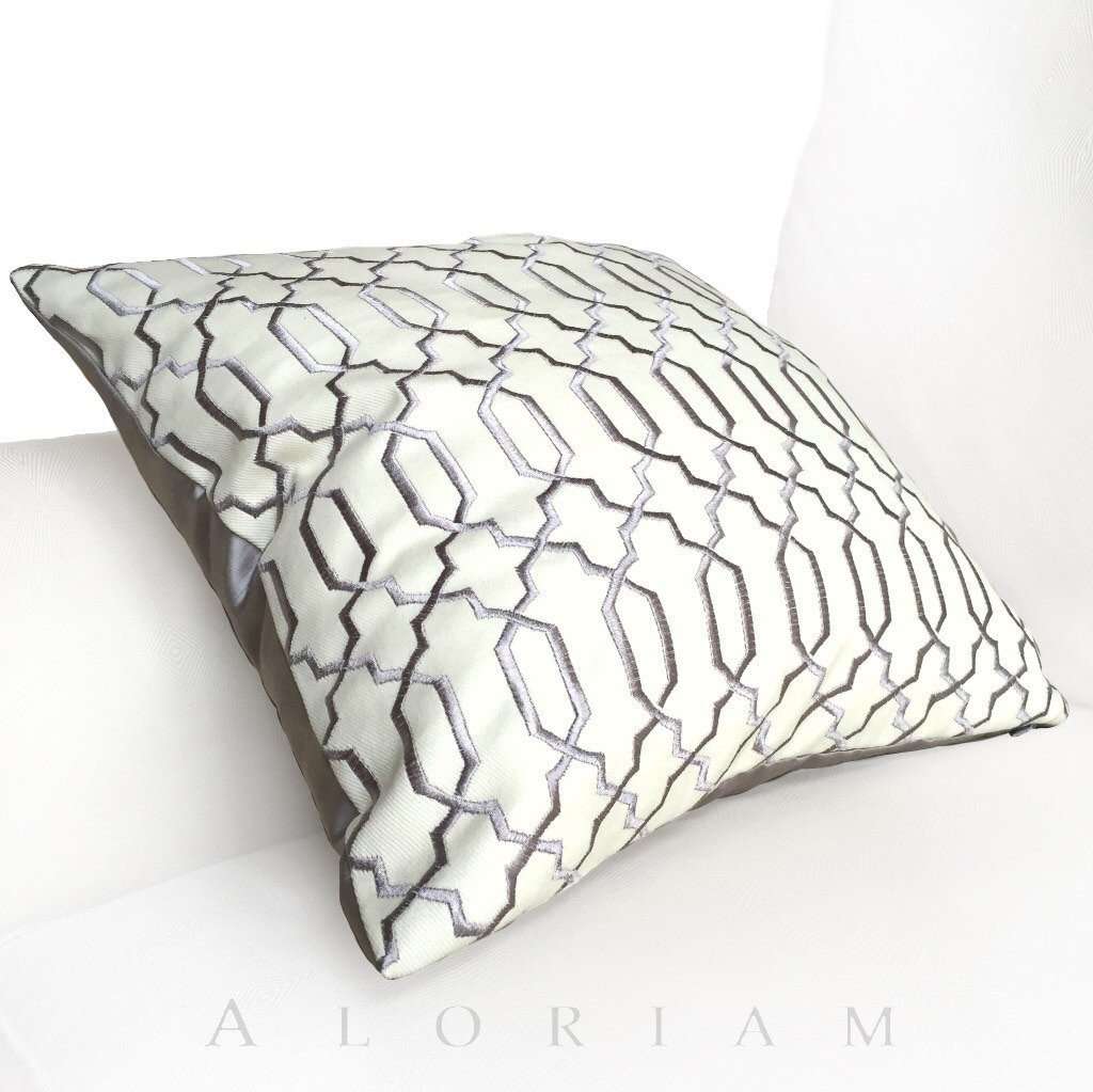 Robert Allen Gray Cream Embroidered Lattice Fretwork Pillow Cushion Cover