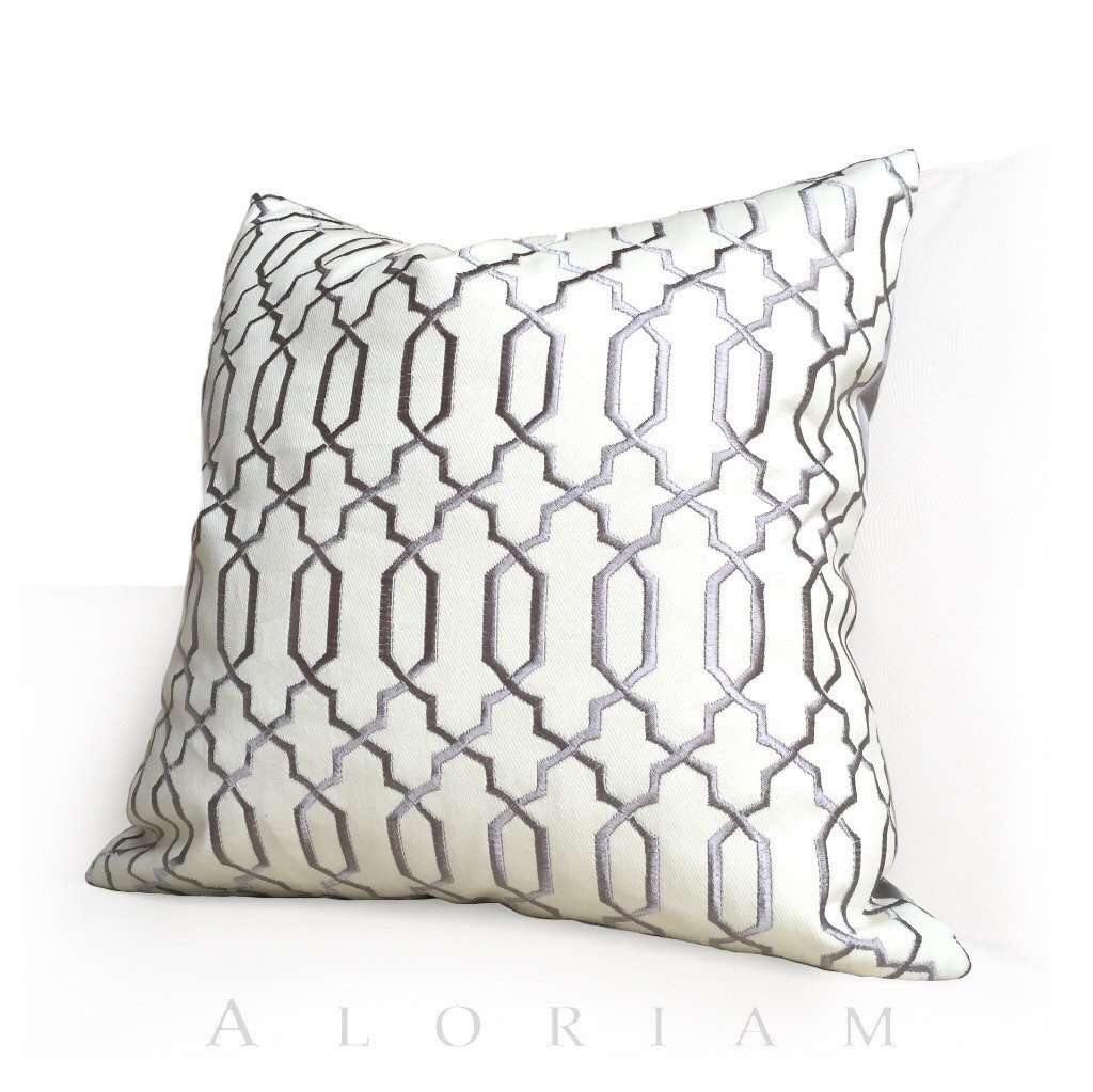 Robert Allen Gray Cream Embroidered Lattice Fretwork Pillow Cushion Cover