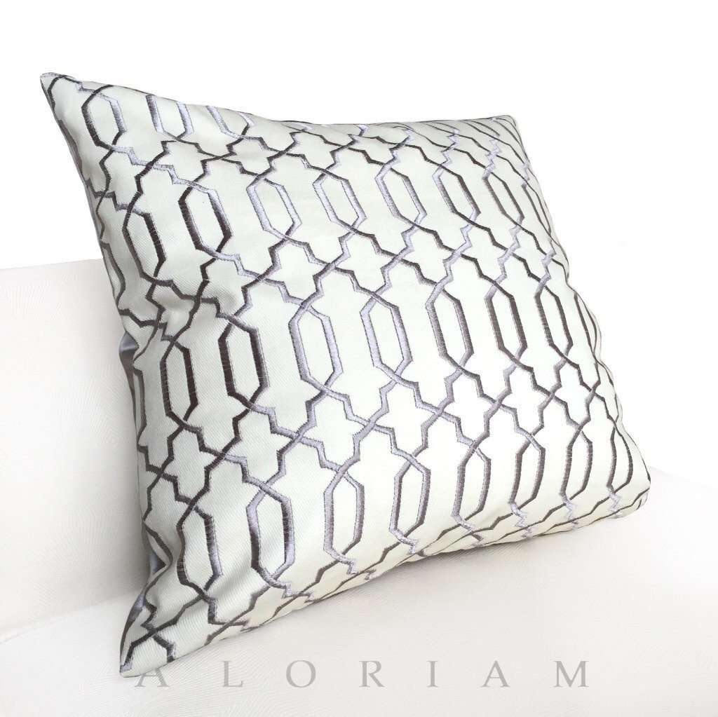 Robert Allen Gray Cream Embroidered Lattice Fretwork Pillow Cushion Cover