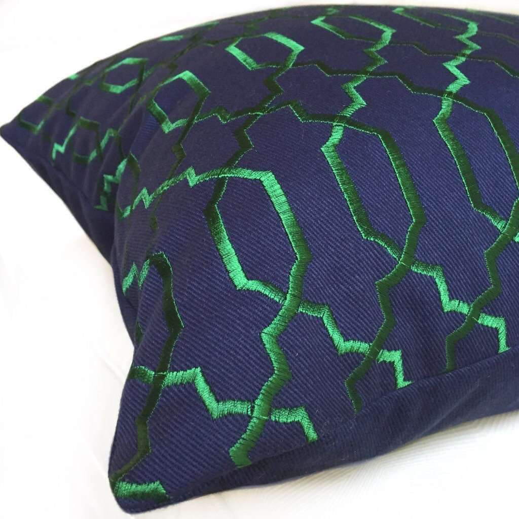 Elysa Navy Blue Emerald Green Embroidered Lattice Fretwork Pillow Cover Cushion Pillow Case Euro Sham 16x16 18x18 20x20 22x22 24x24 26x26 28x28 Lumbar Pillow 12x18 12x20 12x24 14x20 16x26 by Aloriam