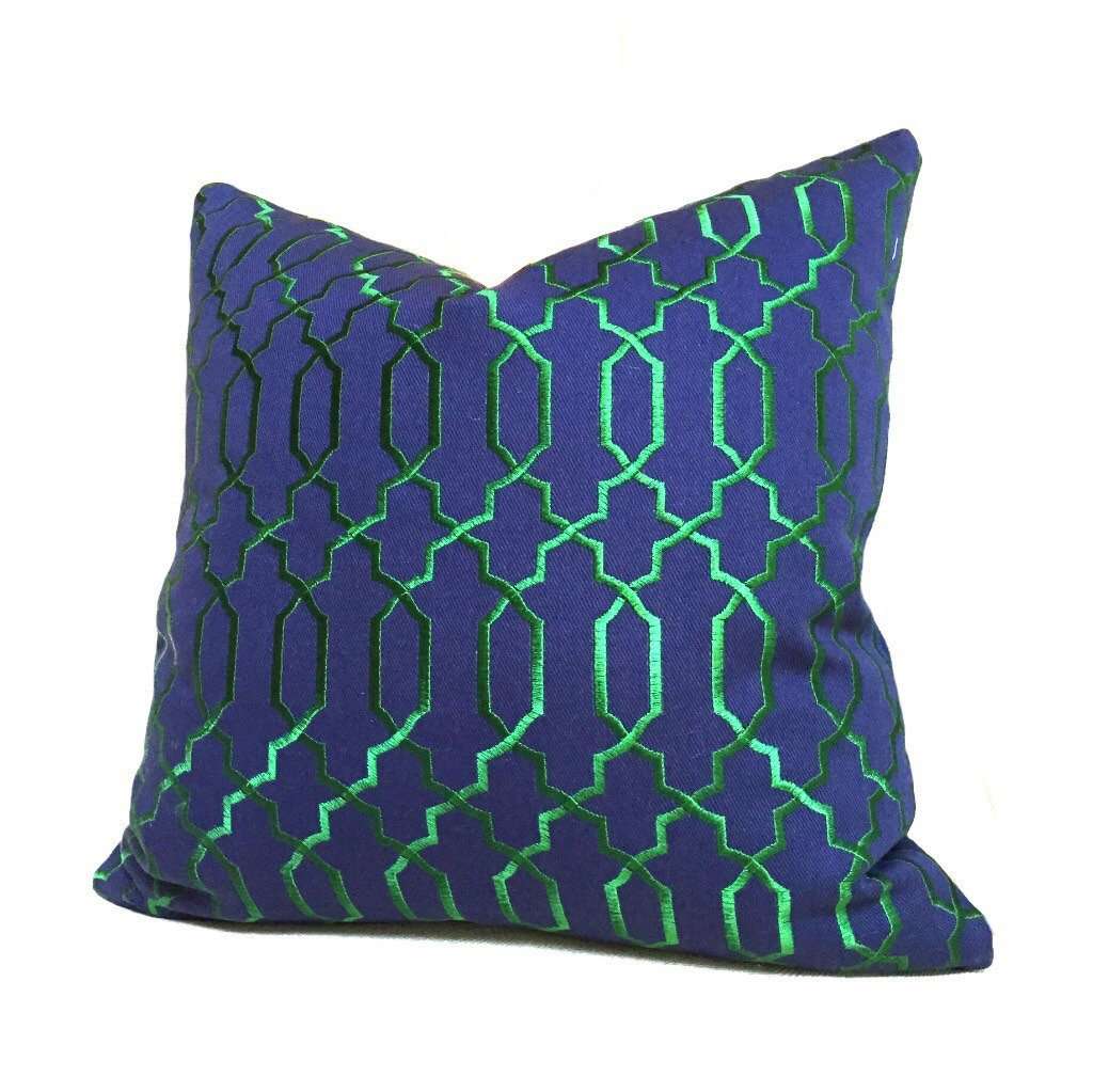 Elysa Navy Blue Emerald Green Embroidered Lattice Fretwork Pillow Cover Cushion Pillow Case Euro Sham 16x16 18x18 20x20 22x22 24x24 26x26 28x28 Lumbar Pillow 12x18 12x20 12x24 14x20 16x26 by Aloriam