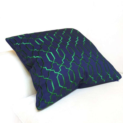 Elysa Navy Blue Emerald Green Embroidered Lattice Fretwork Pillow Cover Cushion Pillow Case Euro Sham 16x16 18x18 20x20 22x22 24x24 26x26 28x28 Lumbar Pillow 12x18 12x20 12x24 14x20 16x26 by Aloriam