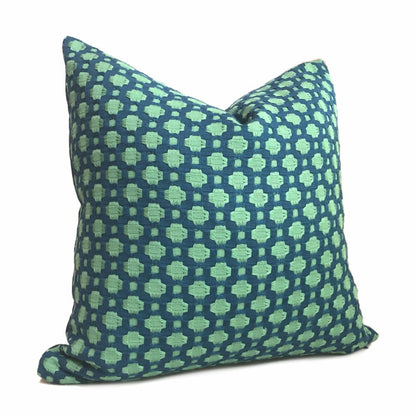 F Schumacher Betwixt Peacock Seaglass Blue Green Geometric Checks Pillow Cover - Aloriam