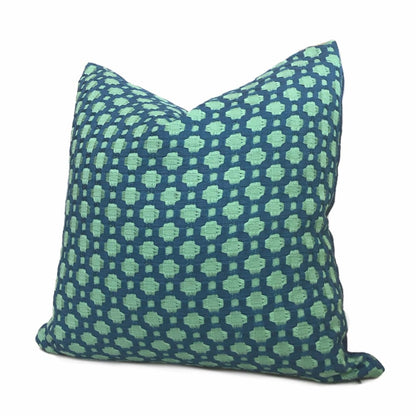 F Schumacher Betwixt Peacock Seaglass Blue Green Geometric Checks Pillow Cover - Aloriam