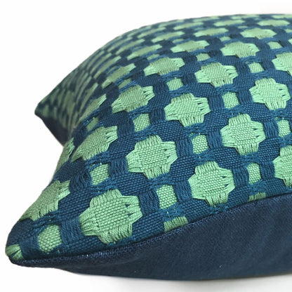 F Schumacher Betwixt Peacock Seaglass Blue Green Geometric Checks Pillow Cover - Aloriam