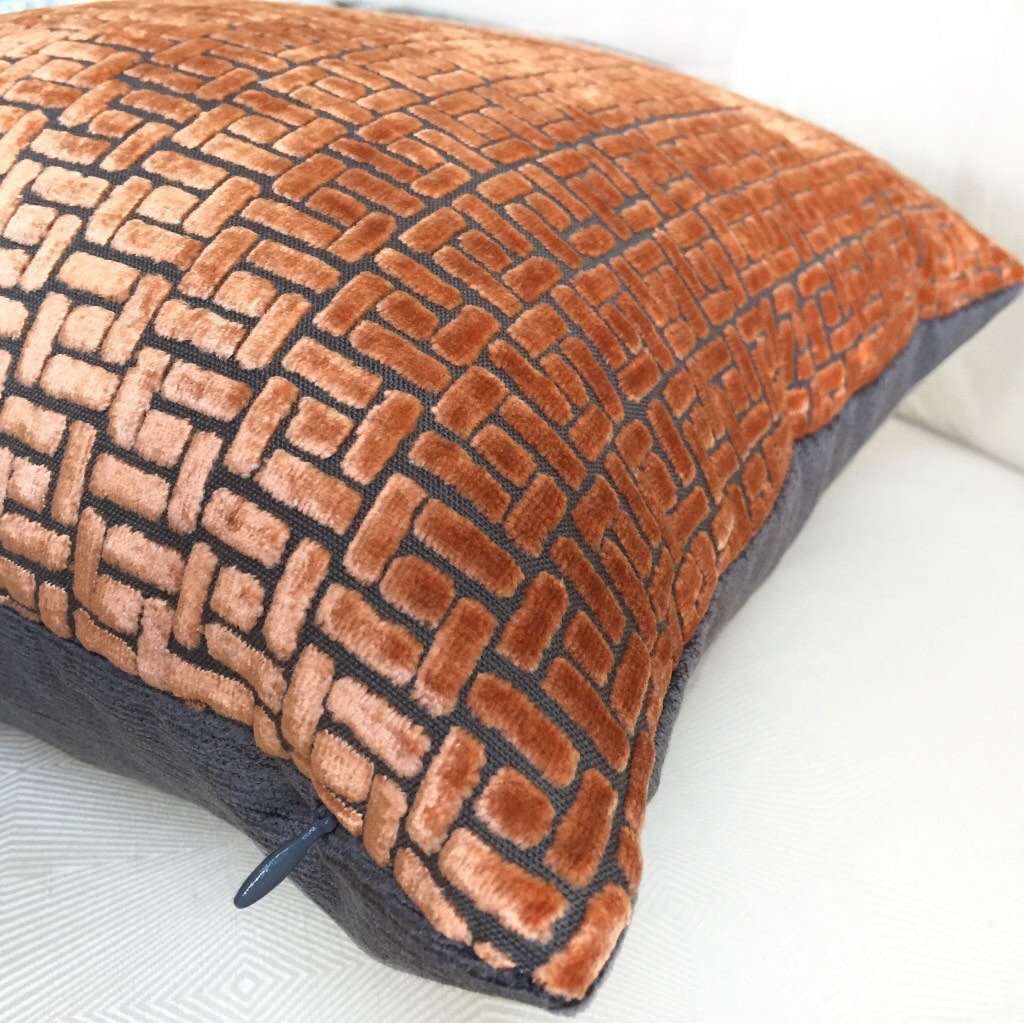 Fabricut Tangerine Orange Cut Velvet Geometric Lattice Pillow Cover Cushion Pillow Case Euro Sham 16x16 18x18 20x20 22x22 24x24 26x26 28x28 Lumbar Pillow 12x18 12x20 12x24 14x20 16x26 by Aloriam