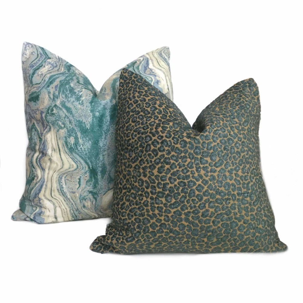 Felix Teal & Tan Brown Chenille Leopard Spots Throw Pillow Sham 16x16 18x18 20x20 22x22