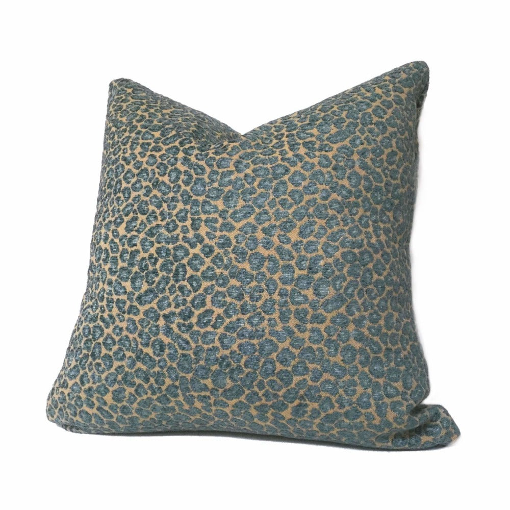 Felix Teal & Tan Brown Chenille Leopard Spots Pillow Cover Cushion Pillow Case Euro Sham 16x16 18x18 20x20 22x22 24x24 26x26 28x28 Lumbar Pillow 12x18 12x20 12x24 14x20 16x26 by Aloriam