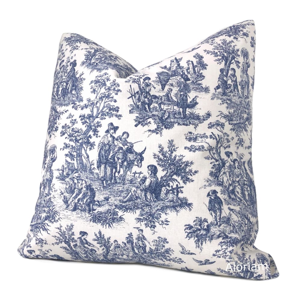 French Country Navy Blue White Toile Print Pillow Cover - Aloriam