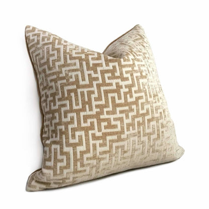 Golden Brown Cream Greek Key Geometric Chenille Pillow Cover Cushion Pillow Case Euro Sham 16x16 18x18 20x20 22x22 24x24 26x26 28x28 Lumbar Pillow 12x18 12x20 12x24 14x20 16x26 by Aloriam