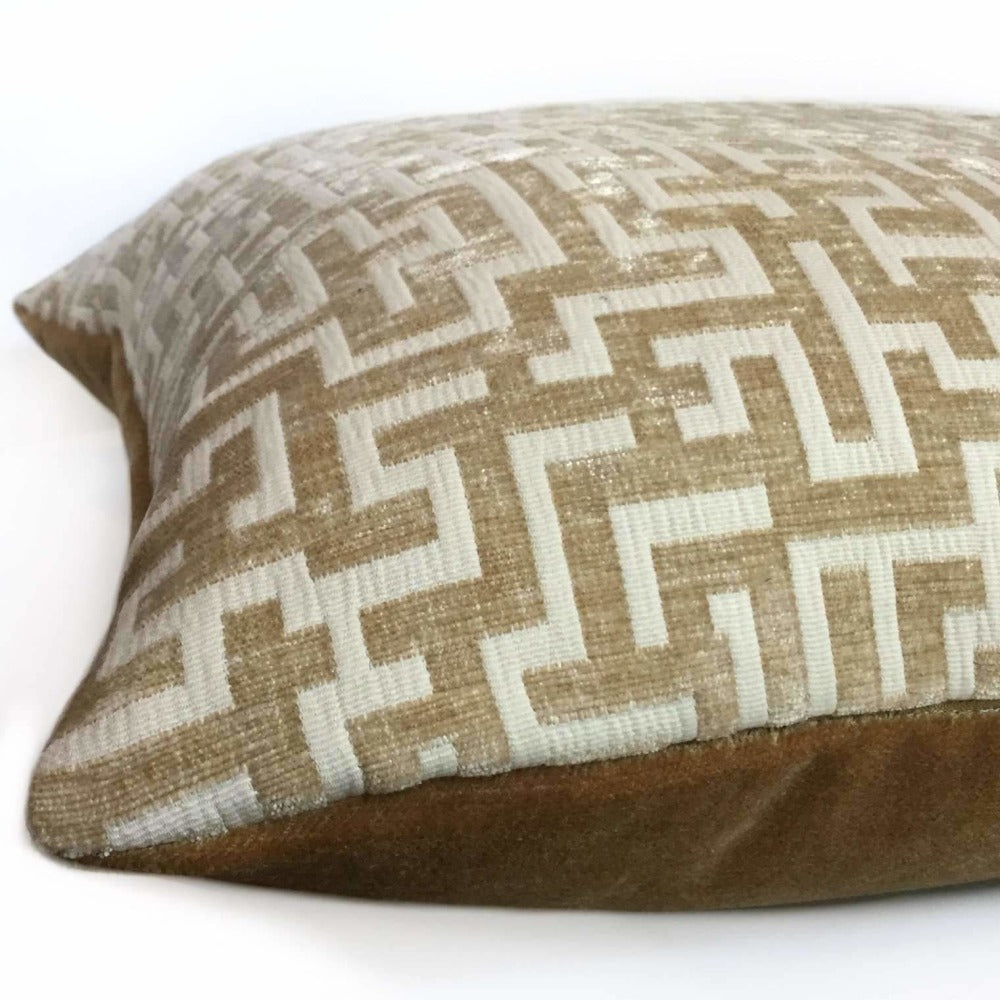 Golden Brown Cream Greek Key Geometric Chenille Pillow Cover Cushion Pillow Case Euro Sham 16x16 18x18 20x20 22x22 24x24 26x26 28x28 Lumbar Pillow 12x18 12x20 12x24 14x20 16x26 by Aloriam