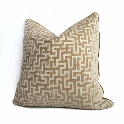 Golden Brown Cream Greek Key Geometric Chenille Pillow Cover Cushion Pillow Case Euro Sham 16x16 18x18 20x20 22x22 24x24 26x26 28x28 Lumbar Pillow 12x18 12x20 12x24 14x20 16x26 by Aloriam