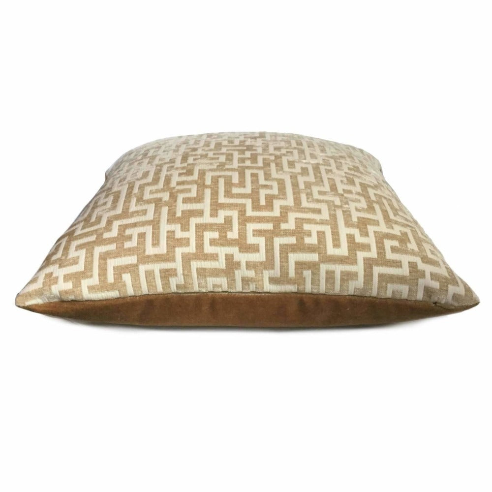 Golden Brown Cream Greek Key Geometric Chenille Pillow Cover Cushion Pillow Case Euro Sham 16x16 18x18 20x20 22x22 24x24 26x26 28x28 Lumbar Pillow 12x18 12x20 12x24 14x20 16x26 by Aloriam