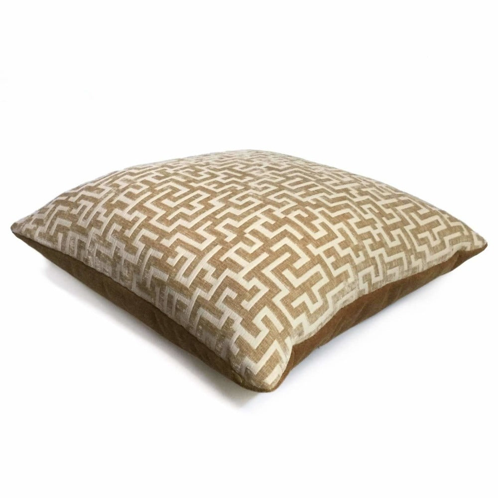 Golden Brown Cream Greek Key Geometric Chenille Pillow Cover Cushion Pillow Case Euro Sham 16x16 18x18 20x20 22x22 24x24 26x26 28x28 Lumbar Pillow 12x18 12x20 12x24 14x20 16x26 by Aloriam