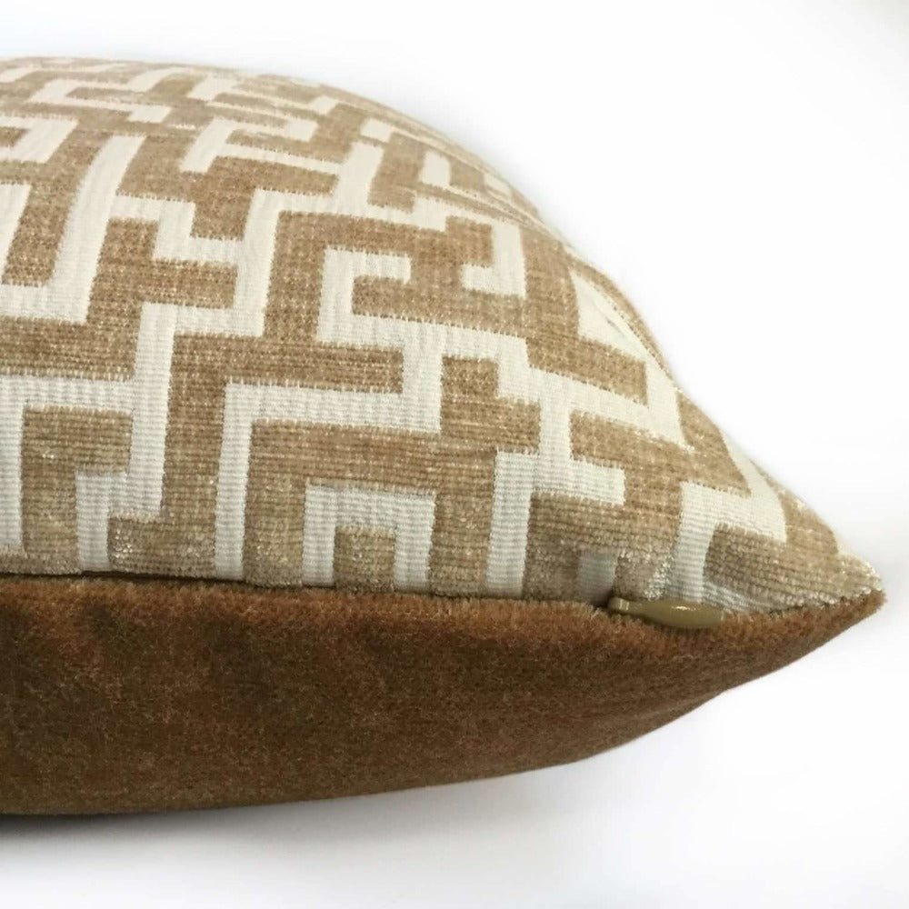 Golden Brown Cream Greek Key Geometric Chenille Pillow Cover Cushion Pillow Case Euro Sham 16x16 18x18 20x20 22x22 24x24 26x26 28x28 Lumbar Pillow 12x18 12x20 12x24 14x20 16x26 by Aloriam