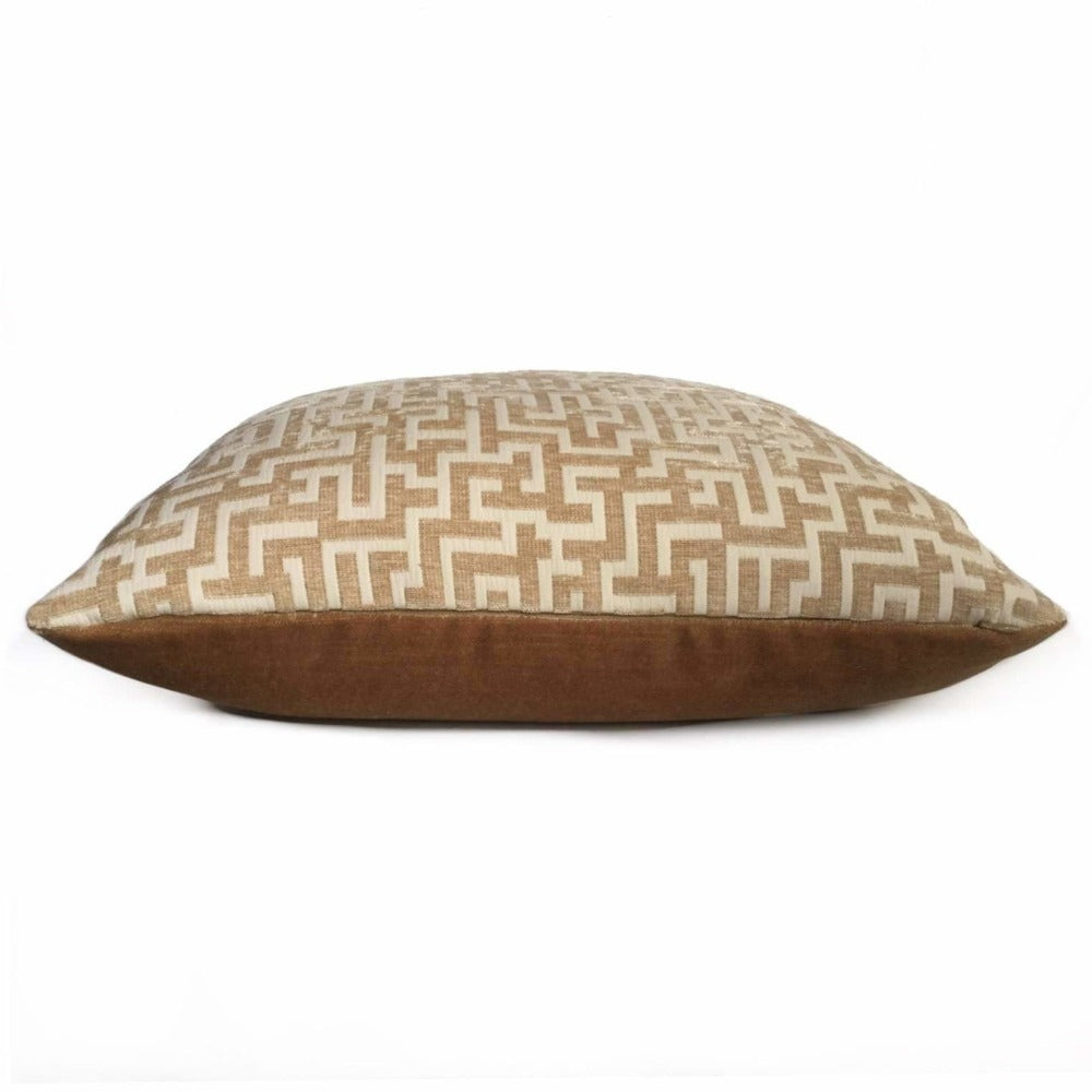 Golden Brown Cream Greek Key Geometric Chenille Pillow Cover Cushion Pillow Case Euro Sham 16x16 18x18 20x20 22x22 24x24 26x26 28x28 Lumbar Pillow 12x18 12x20 12x24 14x20 16x26 by Aloriam