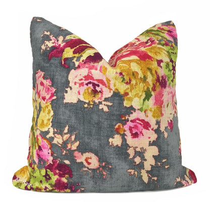 Graphite Gray Pink Aphrodite Floral Cotton Linen Print Pillow Cover - Aloriam