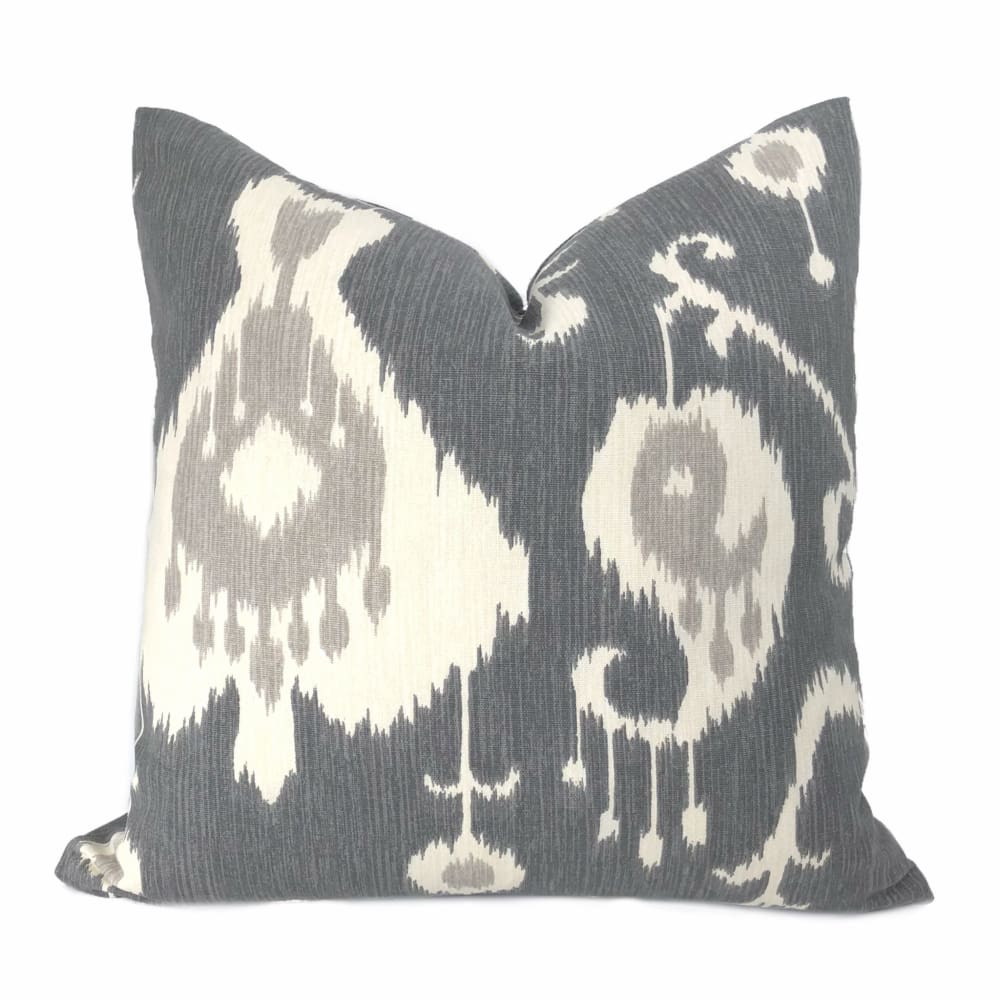 Gray Beige Cream Ikat Cotton Print Throw Pillow Cushion Zipper Cover - Aloriam