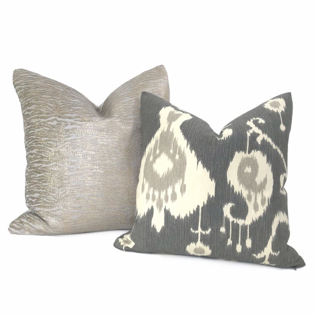 Gray Beige Cream Ikat Cotton Print Throw Pillow Cushion Zipper Cover - Aloriam