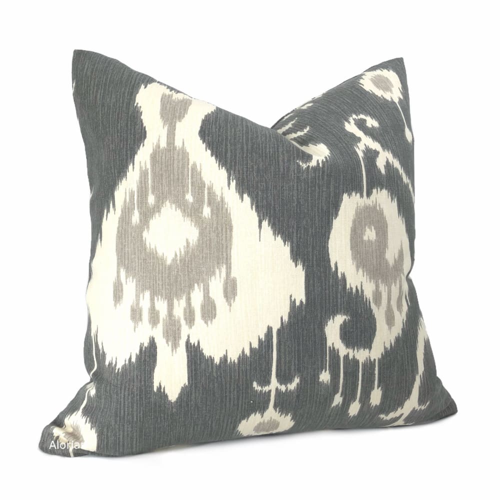 Gray Beige Cream Ikat Cotton Print Throw Pillow Cushion Zipper Cover - Aloriam