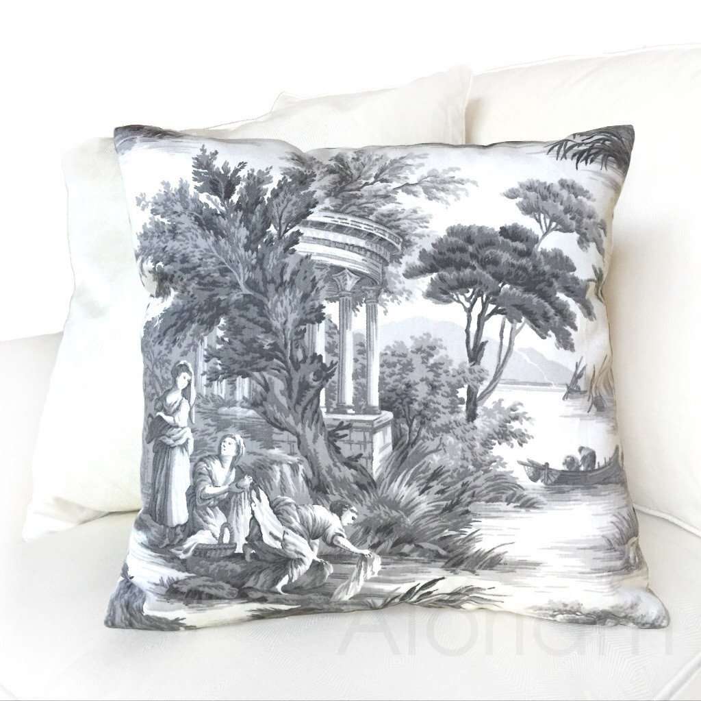 Greek Grand Toile Gray White Pillow Cushion Cover Cushion Pillow Case Euro Sham 16x16 18x18 20x20 22x22 24x24 26x26 28x28 Lumbar Pillow 12x18 12x20 12x24 14x20 16x26 by Aloriam