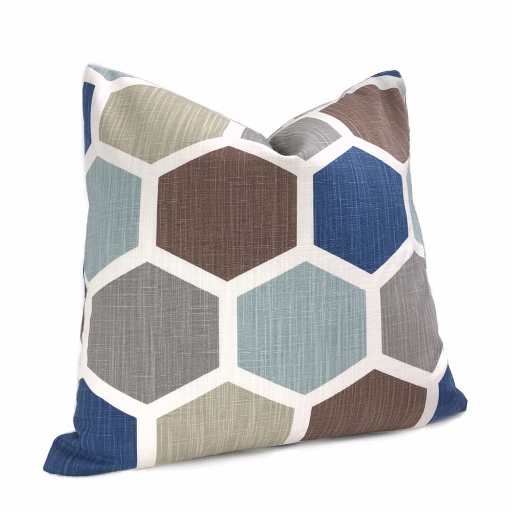 Hexxa Brown Blue Beige Geometric Blocks Pillow Cover - Aloriam