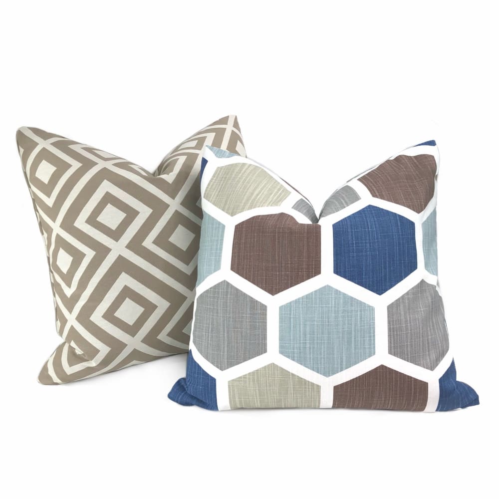 Hexxa Brown Blue Beige Geometric Blocks Pillow Cover - Aloriam