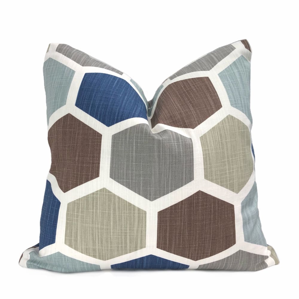 Hexxa Brown Blue Beige Geometric Blocks Pillow Cover - Aloriam