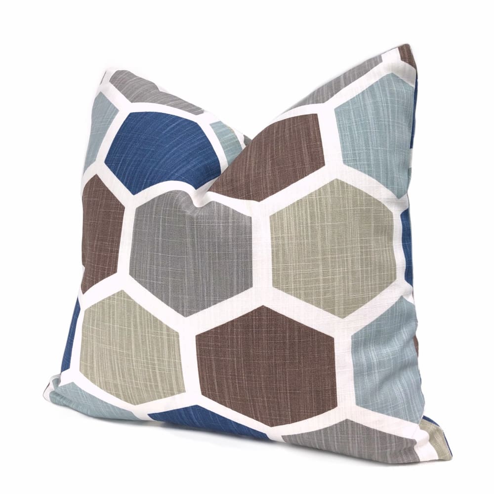 Hexxa Brown Blue Beige Geometric Blocks Pillow Cover - Aloriam