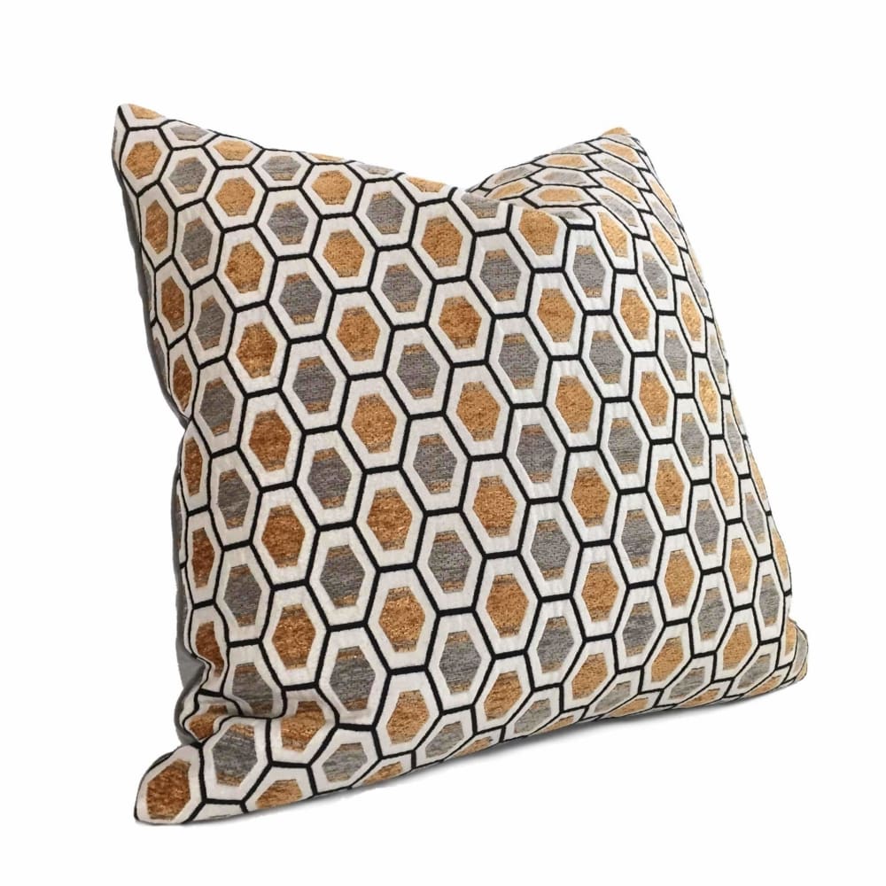 Honeycomb Geometric Gray Off-white Orange-Gold Chenille Velvet Pillow Cover